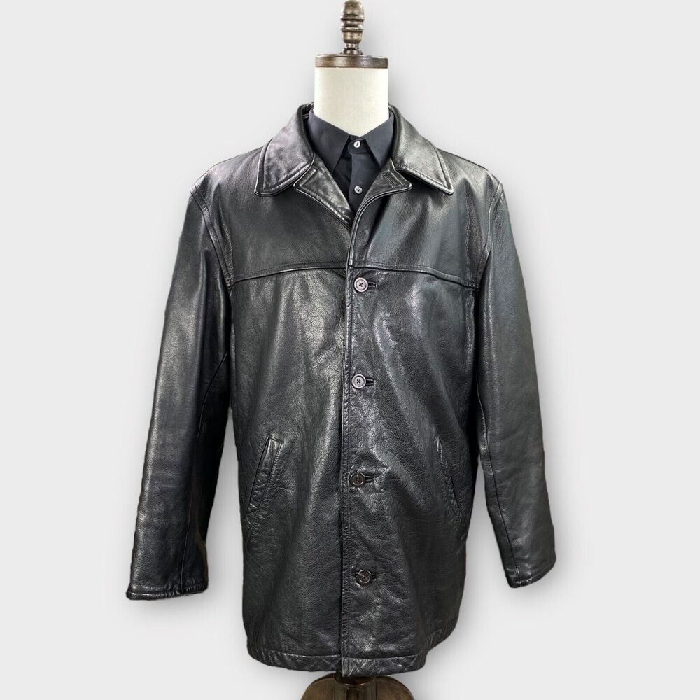 VINTAGE J Crew Jacket Mens Large Black Leather Wool Lined Quilted Heavy Coat